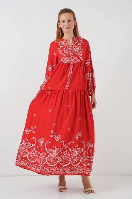 Women's Patterned Long Hijab Dress 2585 - Dark Red