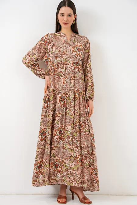 Women's Patterned Long Hijab Dress 2585 - Milky Coffee