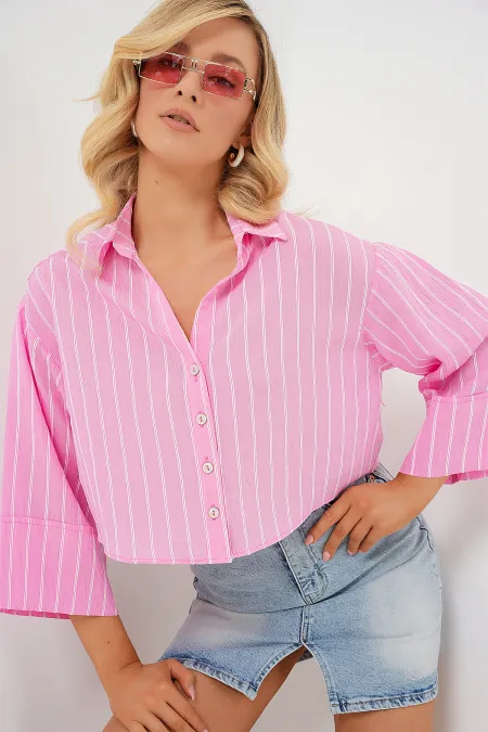 Chemise courte rayée oversize pour femme 20326 - Rose