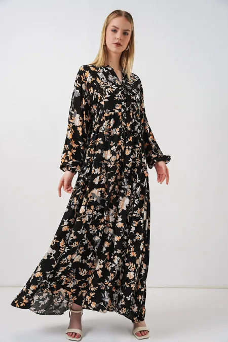 Women's Patterned Long Hijab Dress 2585 - V. Black