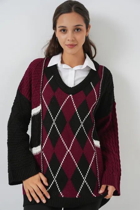 Kadın V Yaka Desenli Triko Kazak 15933 - Bordo