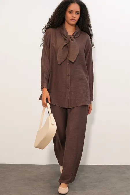 Women's Shirt and Trousers Two-Piece Set with Scarf 30093 - Brown Women's Shirt and Trousers Two-Piece Set with Scarf 30093 - Brown