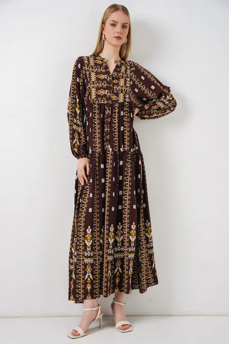 Women's Patterned Long Hijab Dress 2585 - Plain Brown