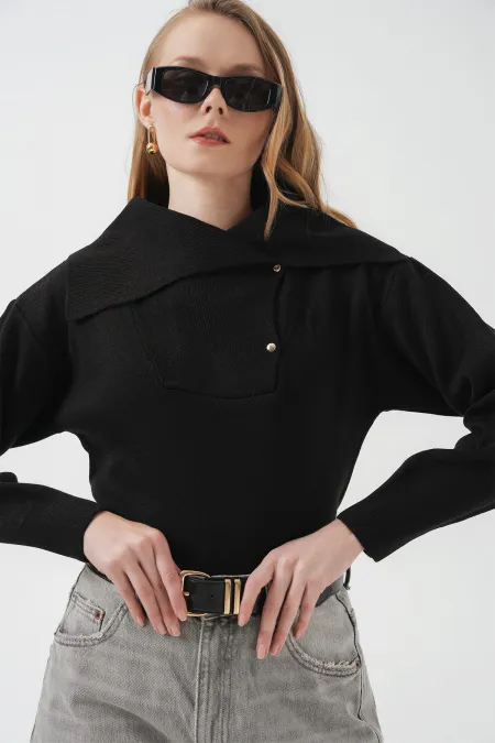 Pull en maille à col large 15921 - Noir