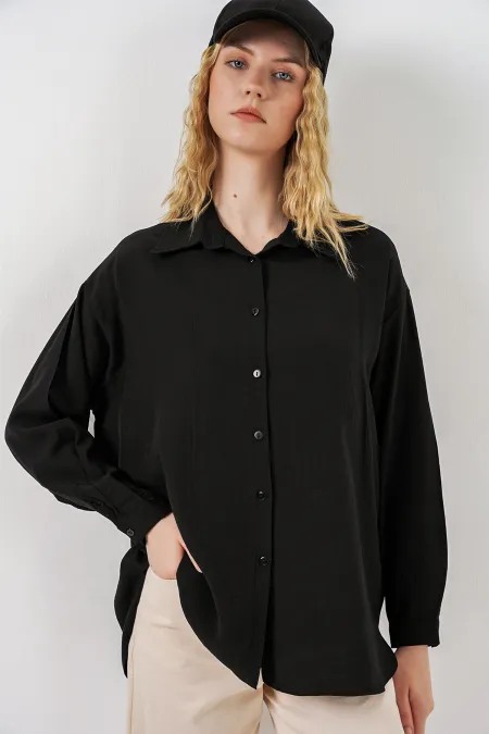 Kadın Uzun Oversize Gömlek 20334 - Siyah