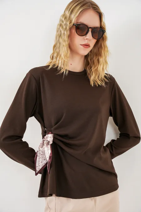 Women's Long-Sleeve Blouse with Scarf Detail 40000 - Brown