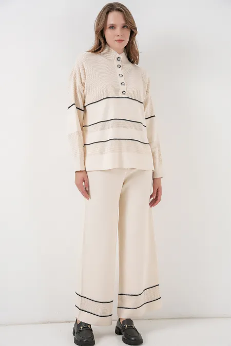 Kadın Çizgili Oversize Triko İkili Takım 15957 - Ekru