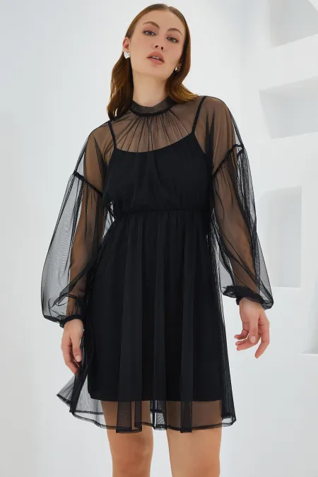 Women's Black Tulle Detailed Mini Dress 2485