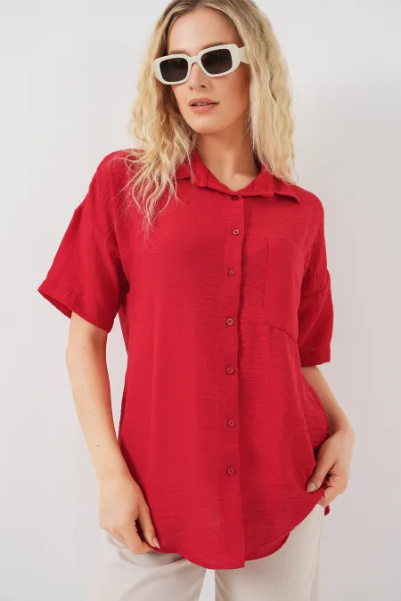 Chemise à manches courtes pour femme, aspect lin, référence 20336 - Rouge