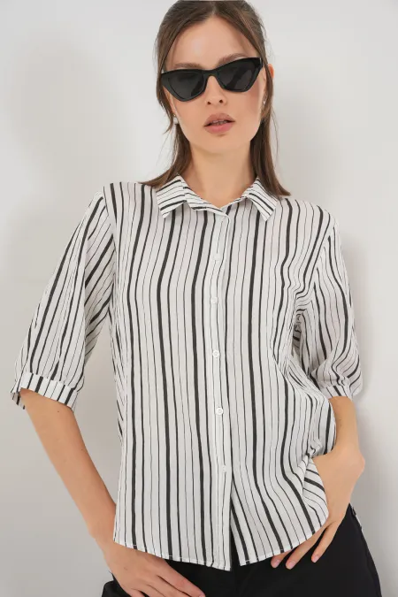 Women's Striped Short Sleeve Shirt 20345 - Black