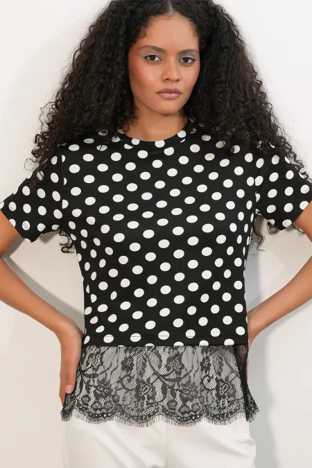 Women's Polka Dot Blouse with Tulle Details 40018 - Black Women's Polka Dot Blouse with Tulle Details 40018 - Black