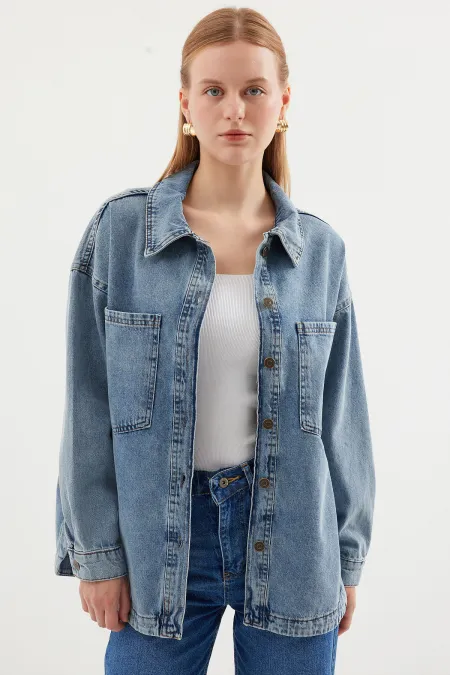 0694 Çift Cepli Oversize Denim Ceket - Buz Mavi