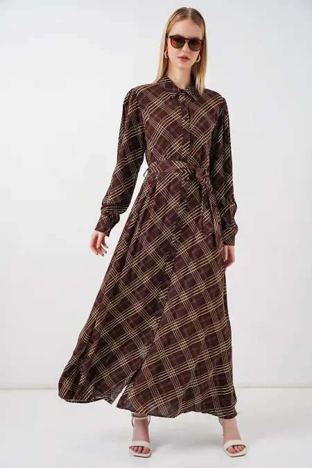 Kadın Boydan Düğmeli Uzun Tesettür Elbise 2588 - Kahverengi