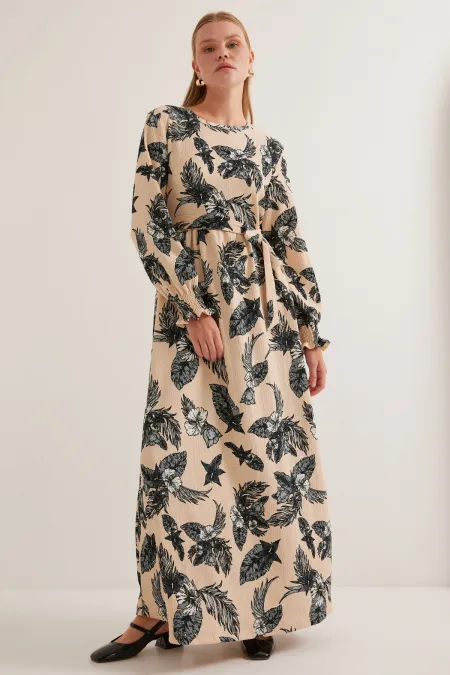 Robe hijab tricotée à motifs crème anthracite pour femme 1525