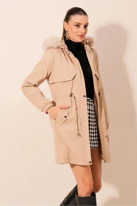 9129 Hooded Faux Fur Coat - Beige