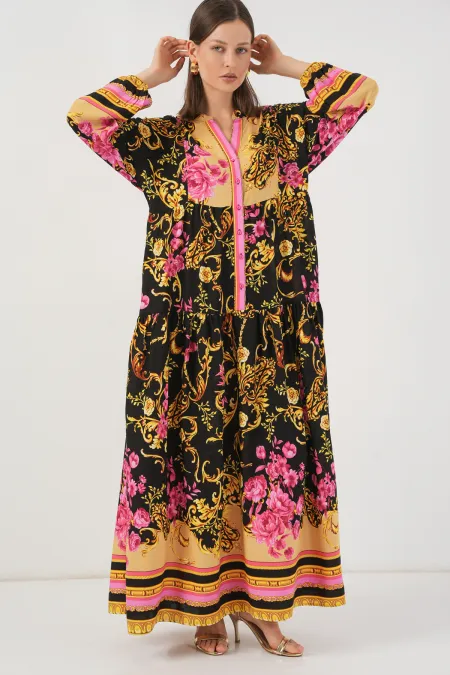 Robe longue hijab à motifs pour femme 2585 - Jaune B