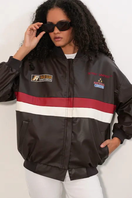 0698 Printed Faux Leather Bomber Jacket - Brown 0698 Printed Faux Leather Bomber Jacket - Brown