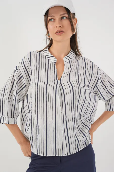 Kadın Çizgili Oversize Bluz 967 - F.Lacivert
