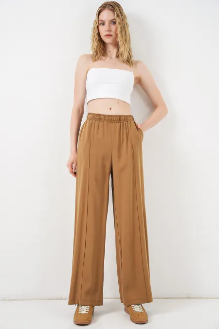 Women's Wide Leg Trousers with Elastic Waistband 30087 - Tan Women's Wide Leg Trousers with Elastic Waistband 30087 - Tan