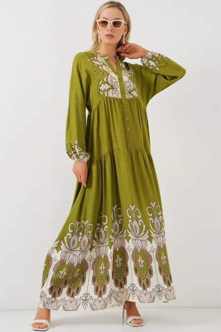 2423 Authentic Patterned Hijab Dress - Almond Green