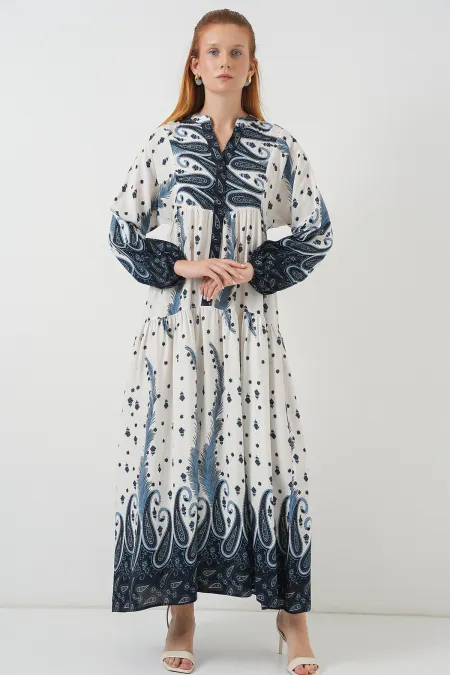 Women's Patterned Long Hijab Dress 2585 - Light Navy Blue