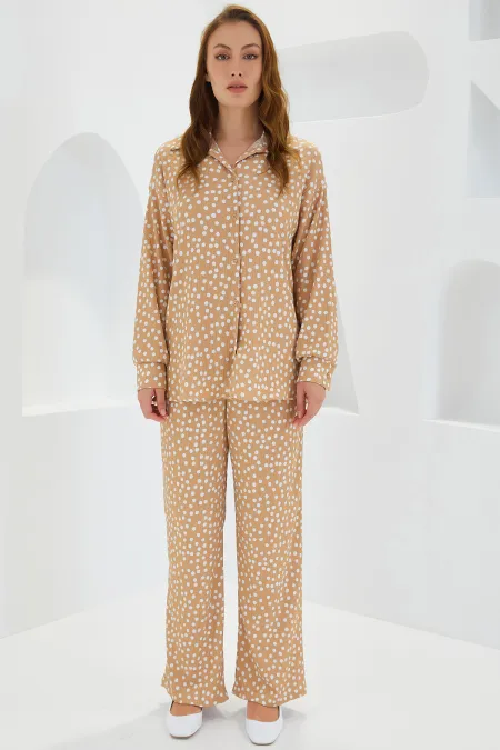 Ensemble deux pièces en maille beige écru à pois pour femme 5858