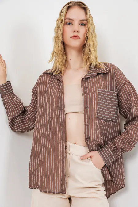 Women's Single Pocket Striped Oversize Shirt 20375 - Brown