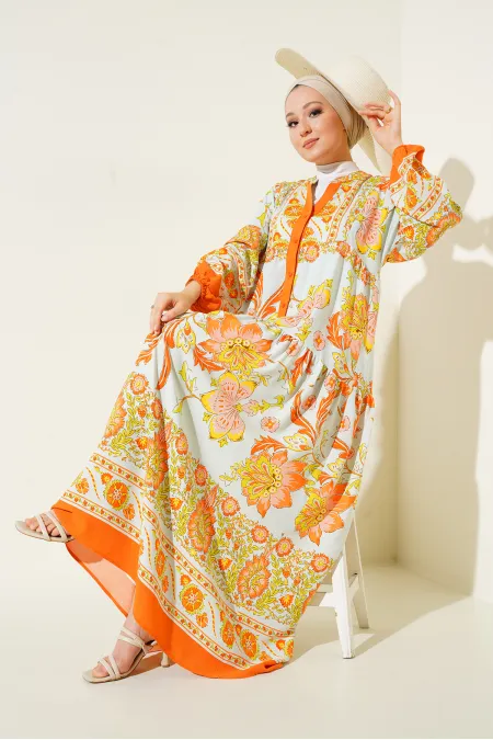 2423 Authentic Patterned Hijab Dress - Yellow