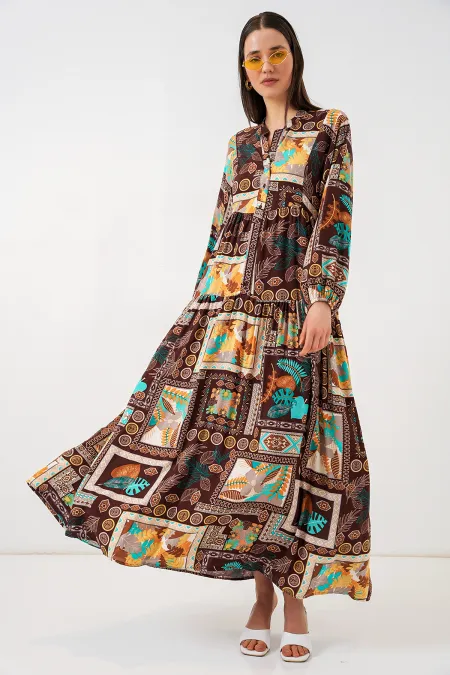 Robe longue hijab à motifs pour femme 2585 - Marron foncé