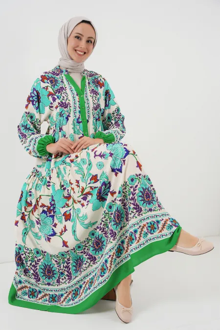 2423 Authentic Patterned Hijab Dress - Green 1