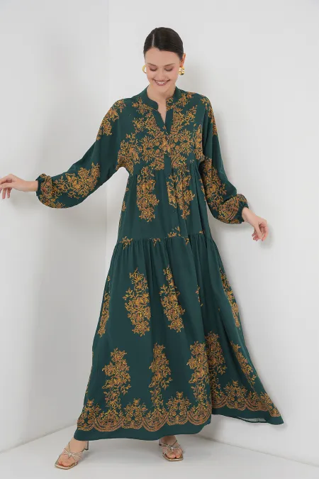 Emerald Green Gold Patterned Hijab Dress 2423