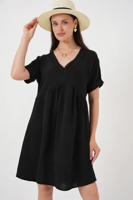 Robe à manches courtes et col en V pour femme 2567 - Noire
