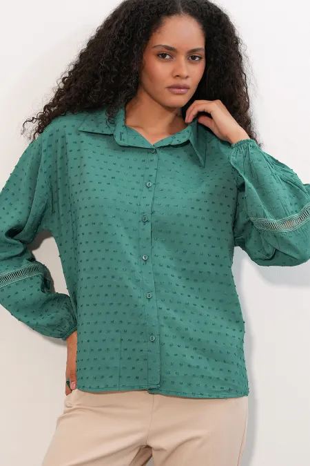 Women's Oversize Patterned Shirt 20379 - Emerald Green Women's Oversize Patterned Shirt 20379 - Emerald Green
