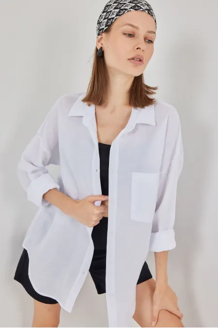 Women's Single Pocket Oversized Muslin Shirt 20353 - White