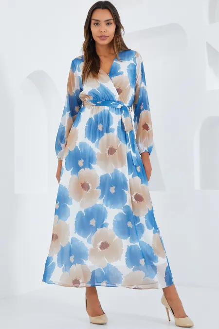 Kadın Mavi Bej Çiçek Desenli Şifon Elbise 2134