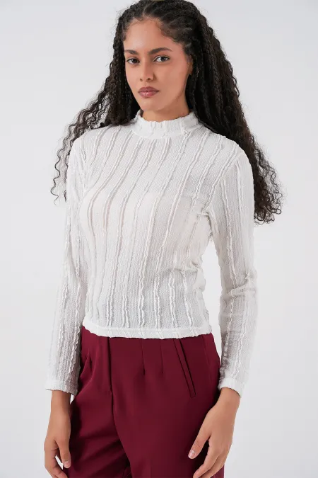 Women's Textured Flexible Knit Blouse 975 - White