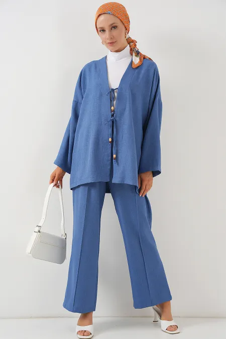 Kimono deux pièces en lin pour femme 6727 - Indigo