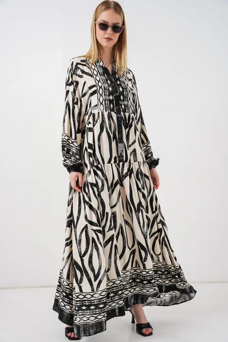 Women's Patterned Long Hijab Dress 2585 - Black 12