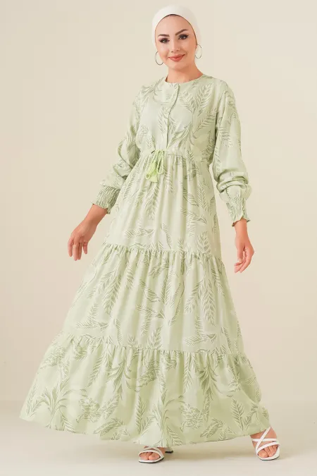 2145 Patterned Hijab Dress - Light Green 2145 Patterned Hijab Dress - Light Green