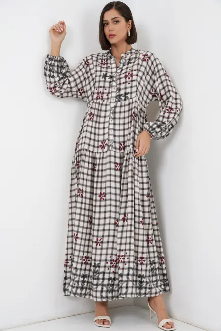 Robe longue hijab à motifs pour femme 2585 - Gris clair