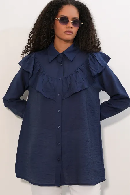 Women's Ruffle Detail Shirt Tunic 5994 - Navy Blue Women's Ruffle Detail Shirt Tunic 5994 - Navy Blue