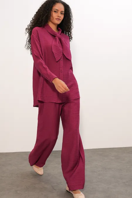 Women's Two-Piece Shirt and Trousers Set with Scarf 30093 - Burgundy Women's Two-Piece Shirt and Trousers Set with Scarf 30093 - Burgundy