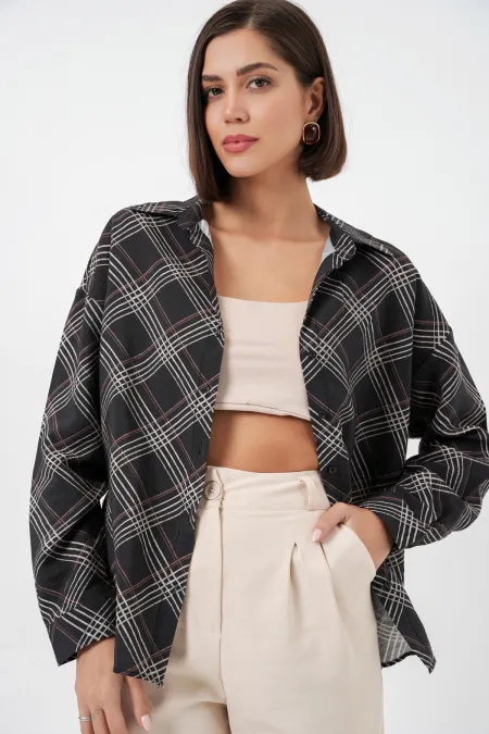 Chemise oversize à motifs pour femme 20372 - Noire