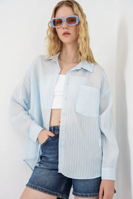 Women's Single Pocket Striped Oversize Shirt 20375 - Blue