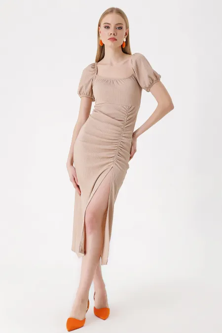 2396 Slit Summer Knit Dress - Biscuit