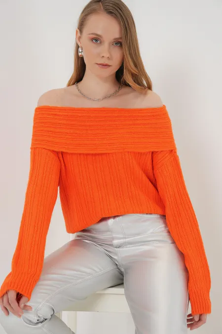 Pull oversize en maille à épaules dénudées pour femme (réf. 15908) - Orange