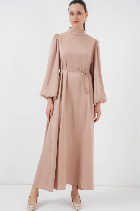 2510 Satin Hijab Evening Dress - Biscuit