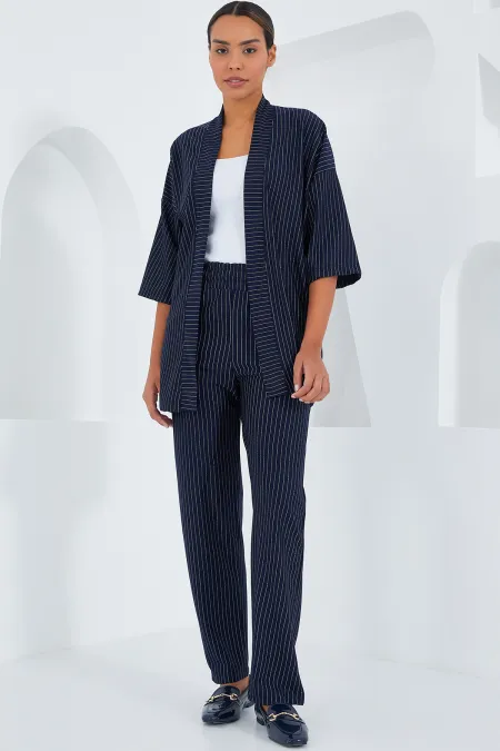 6661 Women's Striped Kimono Two-Piece Suit - Navy Blue