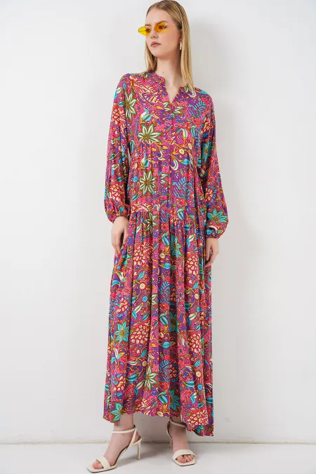 Women's Patterned Long Hijab Dress 2585 - Multicolored