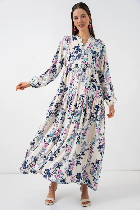 Kadın Desenli Uzun Tesettür Elbise 2585 - Z.Lacivert